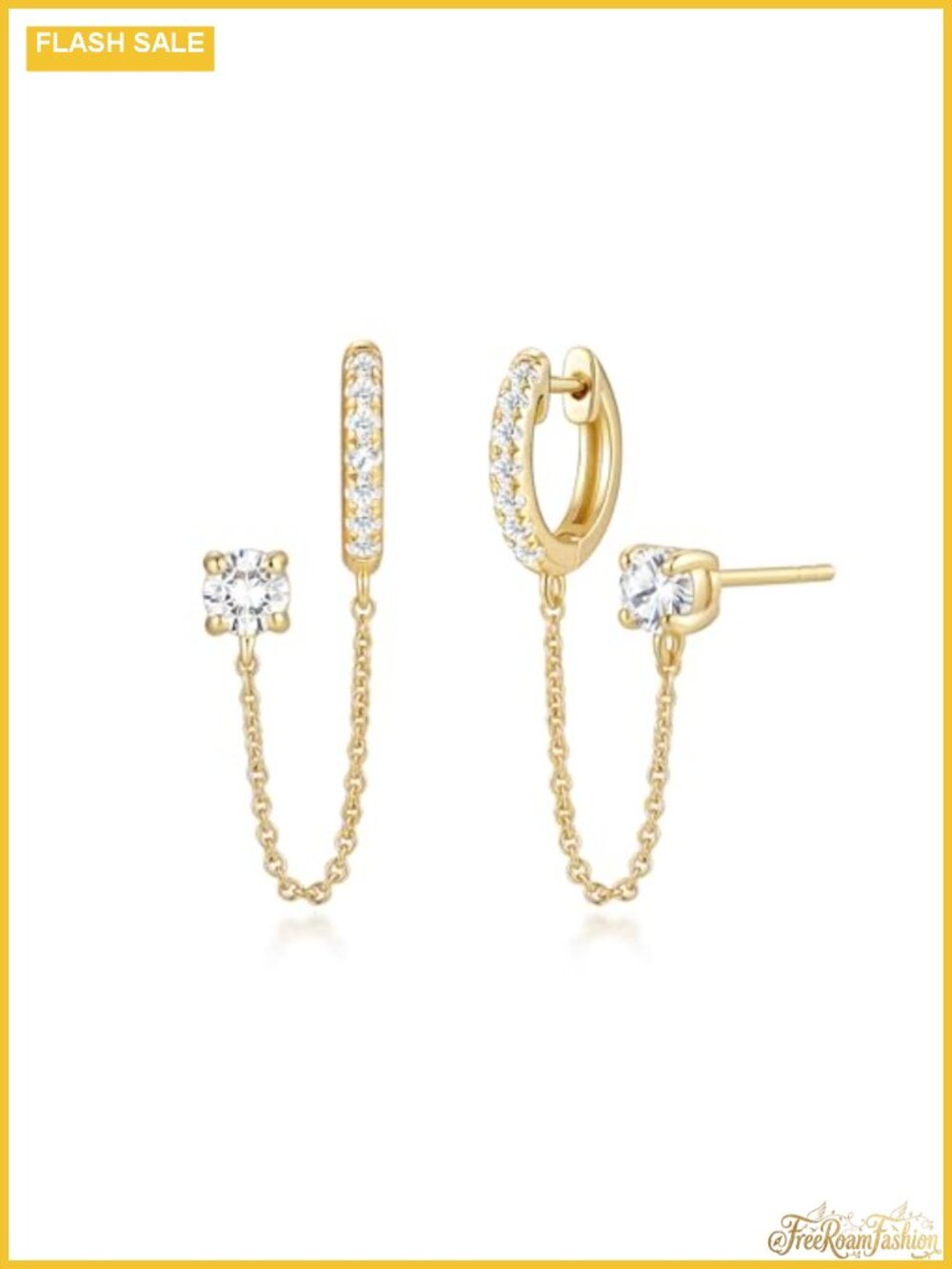 14K Gold Plated Double Piercing Chain Earrings Huggie Hoop Stud